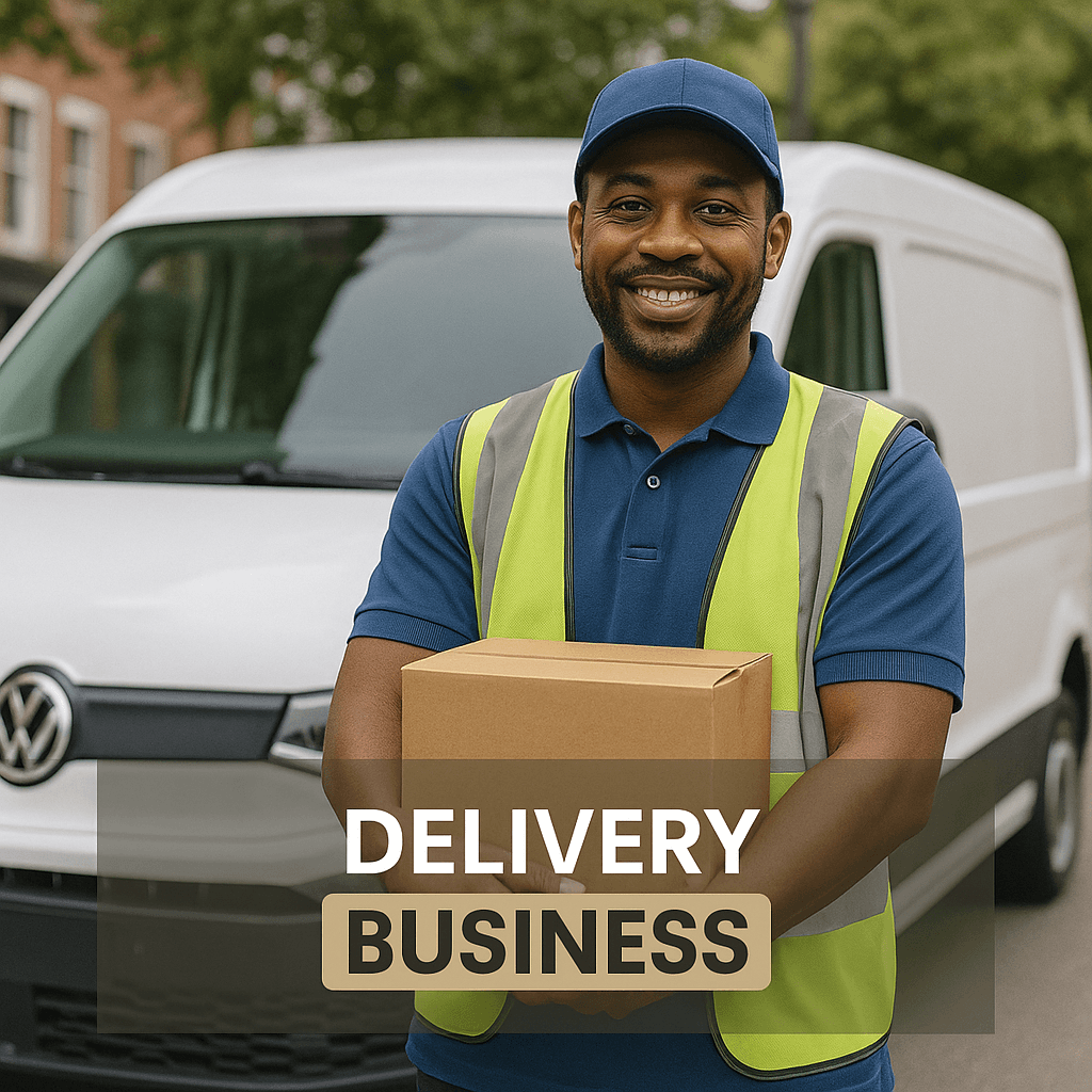 Delivery worker with package and van, representing business fleet context