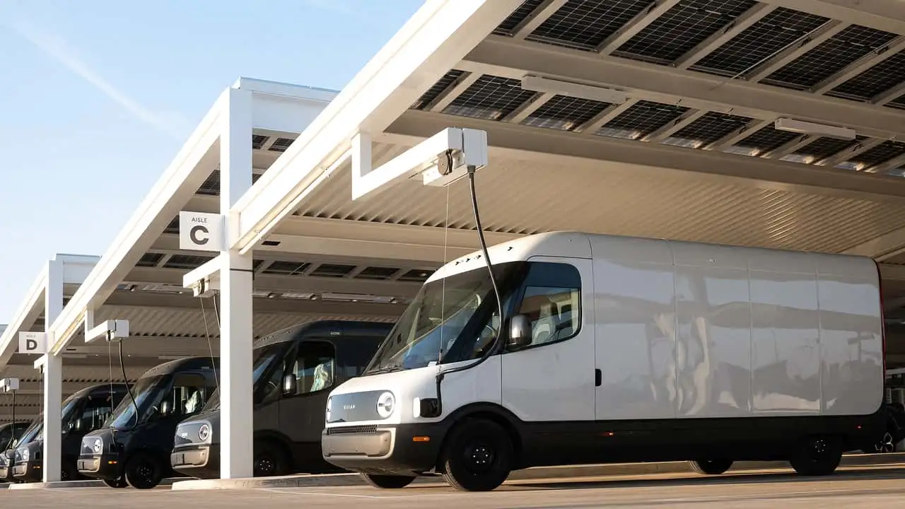 Rivian commercial electric vehicle charging at a fleet depot